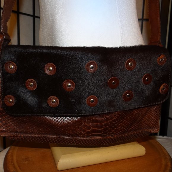 ENTRA Dark Brown Reptile Print Leather Shoulder Crossbody Bag/Calf Hair Flap - Picture 2 of 8